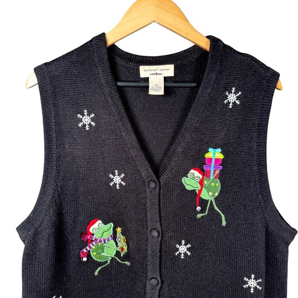 Christmas Sweater Cardigan Vest Black Green‎ Frog Novelty Snowflakes Women's 1X - Picture 4 of 15
